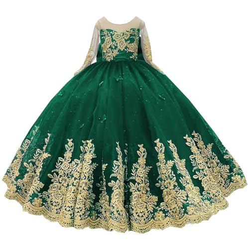 Mouccy Lace Flower Girl Dresses with Sleeves 3D Butterfly Kids Ball Gown Puffy First Communion Dresses with Detachable Train