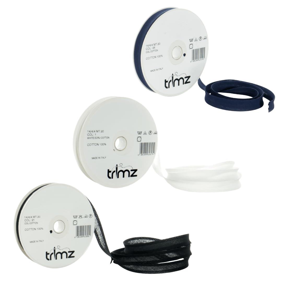 Trimz Daily Essentials Trio (White, Black, Navy) - 3-Pack Fine 100% Cotton Bias Binding Tape (14mm) - 60 Meters Total - Narrow Folded Edging for Apparel, Baby Clothes & Seam Finishing — image 1