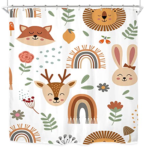 Riyidecor Kids Baby Woodland Boho Shower Curtain For Bathroom Accessories 72Wx72H Inch Animals Cartoon Cute Funny Forest Colorful Flowers Rainbow Children Fabric Bathroom Decor 12 Pack Plastic Hooks #TOP4