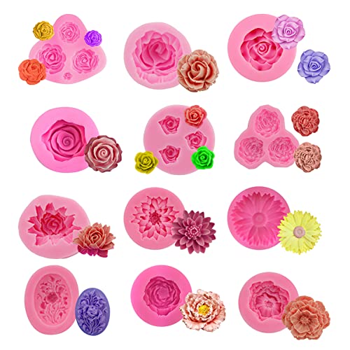 Everelam 12 Pack Flower Mold Rose Mold Peony Mold Flower Resin Mold Resin Mold Clay Mold Candle Making Molds Craft Supplies 3D Mold Silicone Mold cover