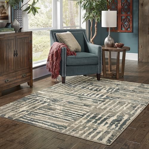 Oriental Weavers Carson Area Rug - 0745C - 6'7" x 9'2" - in Blue/Beige - Modern Industrial Style, Stain Resistant, Family and Pet Friendly, Dining, Living Room Rug