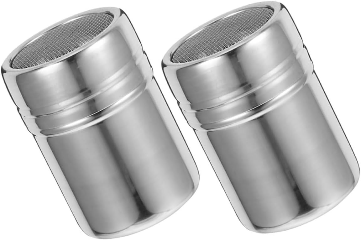 Generic 2 Pcs Stainless Steel Fine Mesh Powdered Sugar Shaker with Lid Powder Can for Cocoa Chocolate Coffee and Baking for Cappuccinos and Lattes