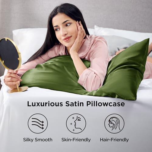Image of Bedsure Satin Pillowcase 2 Pack Similar to Silk Pillow Cases Standard Size, Pillow Case for Hair with Envelope Closure, Olive Green Room Decor Aesthetic Gifts for Women, Moss, 20x26 Inches, 2pcs