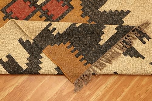 Tapis Kilim carré réversible en laine beige et marron - 8