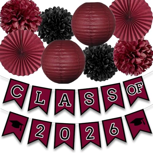 Image of Maroon Graduation Party Decoration Class Banner Hanging Pom Poms Flowers High School College Grad Supplies