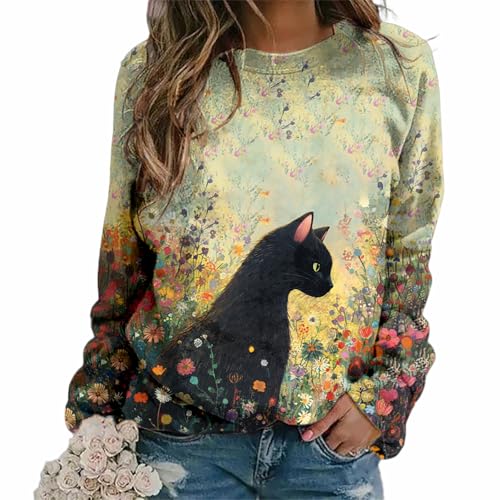 Cat Sweatshirt Women Cute Graphic Crew Neck Sweatshirts Casual Long Sleeve Lightweight Pullover Loose Shirts