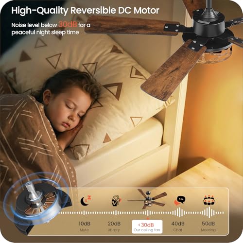 Image of 52 Inch Farmhouse Ceiling Fan with Lights and Remote, Timer, Dual Finish 5 Blades (Walnut and Black), 6 Speeds, Reversible DC Motor, Rustic Walnut Caged Ceiling Fan for Bedroom FF01CF05