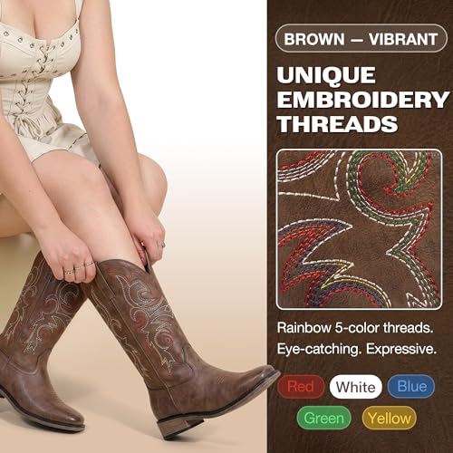 Image of SheSole Wide Calf Cowboy Boots Women Square Toe Western Embroidered Mid Calf Cowgirl Boots, Pull On & Padded Insole Low Heel Fashion Boots for Country Concerts & Work Casual Everyday Style
