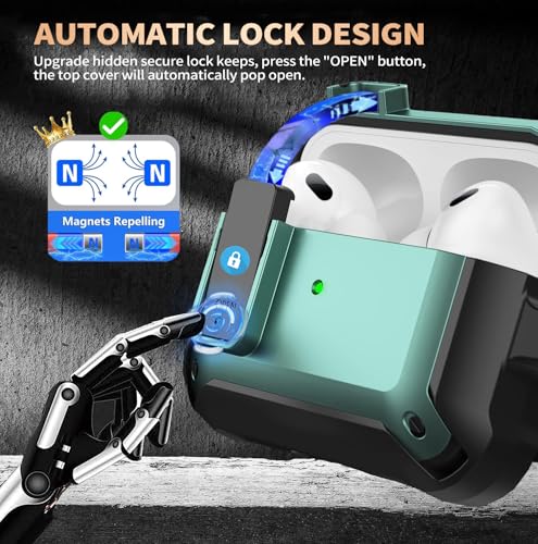 Image of Olytop for Airpods Pro 3 Case with Magnetic Automatic Lock, Rugged Apple Airpods Pro 3rd Generation Cover 2025, Armor Shockproof iPod Pro3 Gen Protective Shell with Carabiner&Cleaner kit,Black /Green