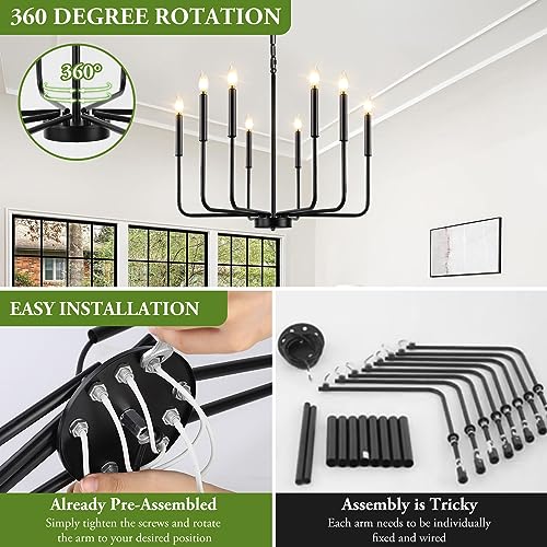 Black Farmhouse Chandelier, 8-Light Industrial Chandeliers for Dining Room Lighting Fixtures Hanging, Modern Candle Dining Light Fixtures Over Table for Bedroom, Foyer, Entryway, Kitchen, Living Room - Image 6