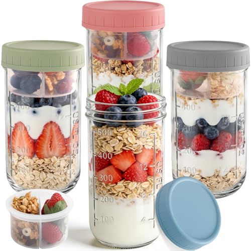Otauoaea 4 Piezas Overnight Oats Jars 640ml Tarros de Cristal con Tapa Hermética con Capa Separadora, Botes de Cristal para Overnight Oats,Frascos de Vidrio Vasos Cristal para Yogur,Avena,Ensalada