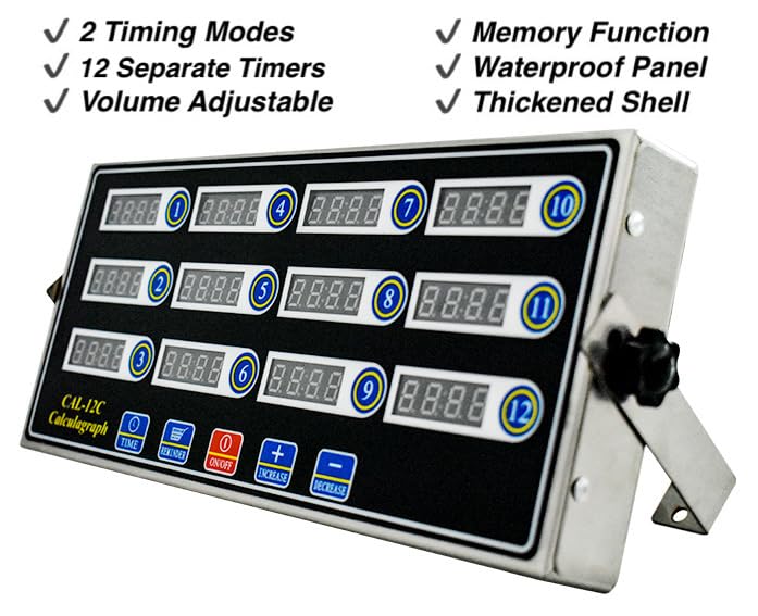 Commercial Kitchen Timer with 12 Channels, Professional LED Digital Timer for Cooking, Loud Alarm Volume +/-, Heavy Duty Stainless Steel Large Timers with Waterproof Panel & Memory Function