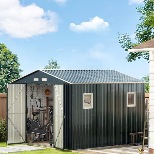 MistMo 10X10FT Outdoor Steel Storage Shed with Lockable Doors, Id...