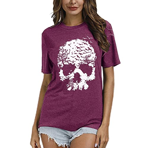 Skull Shirts For Women Vintage Skeleton Skull Print Tops Casual Loose Fit Plus Size Novelty T-Shirts Holiday Tops Purple, 3Xl #TOP6