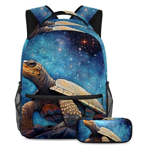 Ensemble cartable tortue galaxie bleu à motif imprimé large