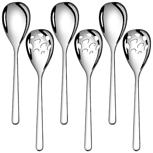 IQCWOOD - Serving Spoons Set, Includes 3 Serving Spoons and 3 Slotted Spoons, 18/8 Stainless Steel Buffet Serving Utensils - Large Cutlery for Catering Buffet, 9.4-Inch