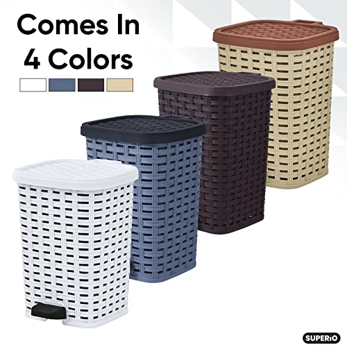 Image of Superio Mini Trash Can with Foot Pedal Small Outdoor Garbage Can with Lid, 1.5 Gallon Plastic Waste Basket for Bathroom, Bedroom, Kitchen, Office, Patio (Wicker Smoke 6 QT.) (White, 3 Gallon)