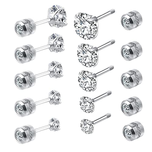 5 Pairs Titanium Screw Back Stud Earrings Set for Sensitive Ears, Hypoallergenic Surgical Stainless Steel Double Sided Round Cubic Zirconia Earrings for Women Men