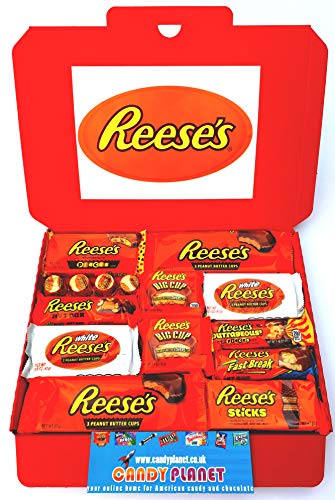 Reese's Large American Candy Hamper 32cm x 23cm | Peanut Butter Chocolate Selection | Big Cup Fast Break Outrageous White Cups Sticks Nut Bar | 15 Items | Hamper Exclusive to CANDYPLANET