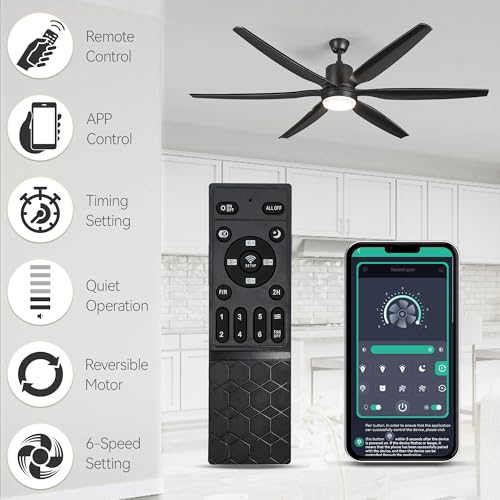 DWVO 66 inch Ceiling Fan with Lights, Smart Ceiling Fan with App/Remote Control, 3CCT Lighting, 6-Speed, Reversible Quiet DC Motor, for Living Room, Dining Room, Bedroom - Black