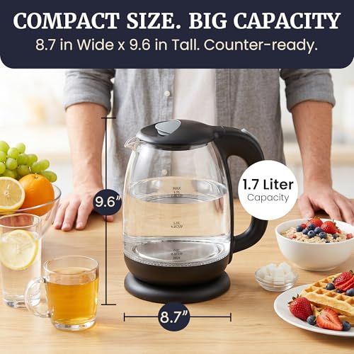 Image of Elite Gourmet EKT1792 1.7L Glass Electric Kettle, Blue LED, 7.2 Cups, Auto Shut-Off, Boil-Dry Protection, 360 Cordless Base, Rapid Boil, Hot Water for Tea Coffee Oatmeal