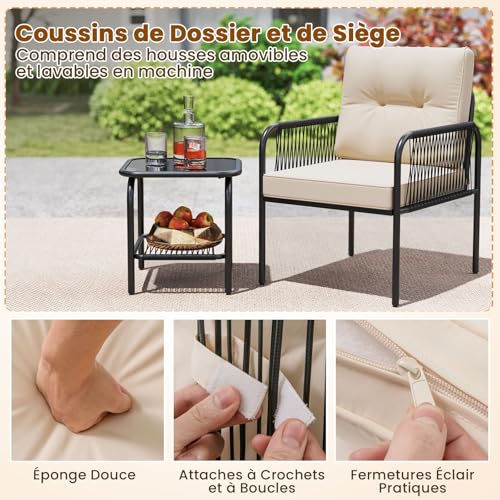 GYMAX Fauteuil et Table Basse pour 2 Personnes, SalonJardin Extérieur 3 Pièces avec Coussins de Dossier et d'Assise, Chaise en Rotin PE, Table en Verre Trempé, pour Patio, Balcon, Terrasse – Image 4