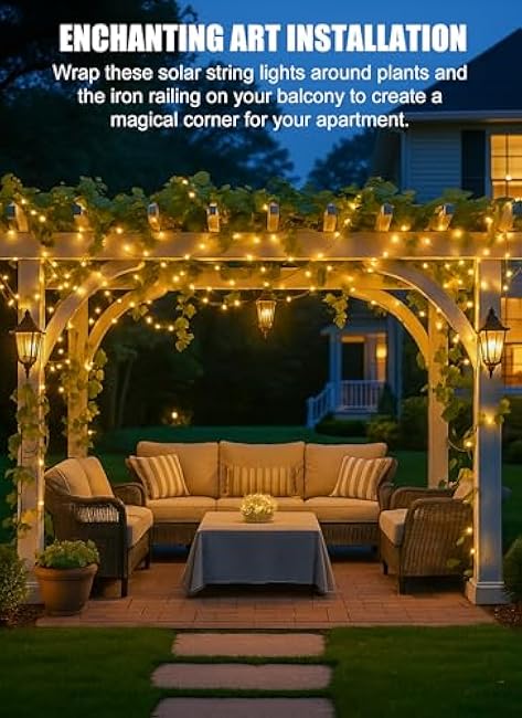 Minetom Solar String Lights for Outside, 33Ft 100 LED Outdoor Solar Fairy Lights, 8 Modes Balcony Lights for Tree Patio Christmas Party Wedding Decor (Warm White)