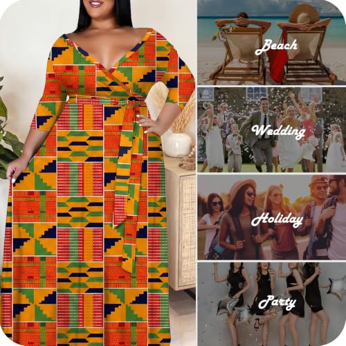 Image of Nmoder Plus Size Maxi Dress for Women - Summer Casual 3 /4 Sleeve Floral Flowy Long Dress with Belt XL- 6XL