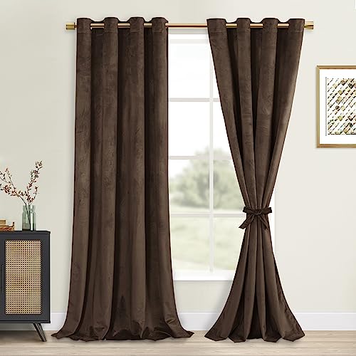 DWCN Blackout Velvet Curtains 52x96 Inch for Bedroom 2 Curtain Panels Brown