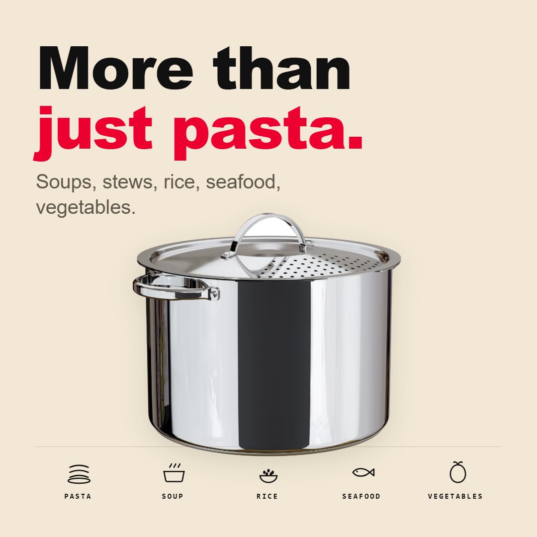 Pentola per pasta in acciaio inox con coperchio con colino bloccabile, grande capacità da 5,5 litri, torsione e blocco per un facile svuotamento e senza bisogno di scolapasta o inserto per colino,