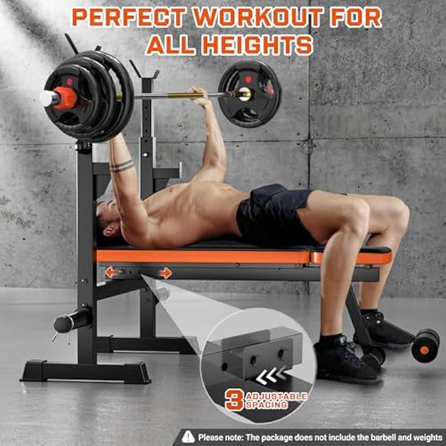 Fostoy Weight Bench, 770lbs Bench Press With Squat Rack, Adjustable Weight Benches for Home Gym, Olympic Workout Bench for Full Body Fitness, Flat Incline Bench With Removable Foot Catch