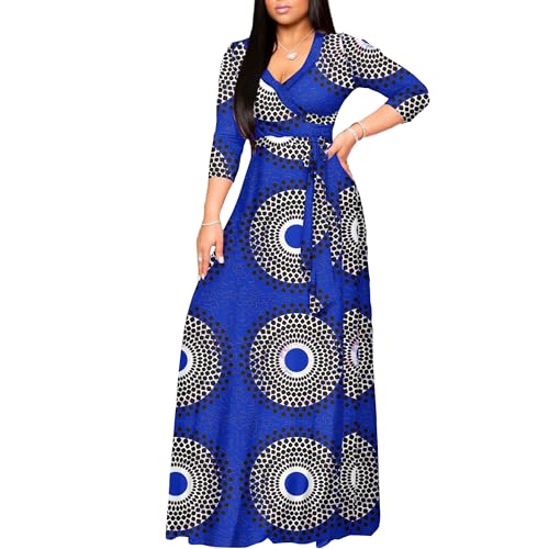 AOMONI Women's Floral Print Maxi Dresses Summer with Pockets Casual 3 4 Sleeve V-Neck Wrap Tie Waist Long Dress, M-3XL3
