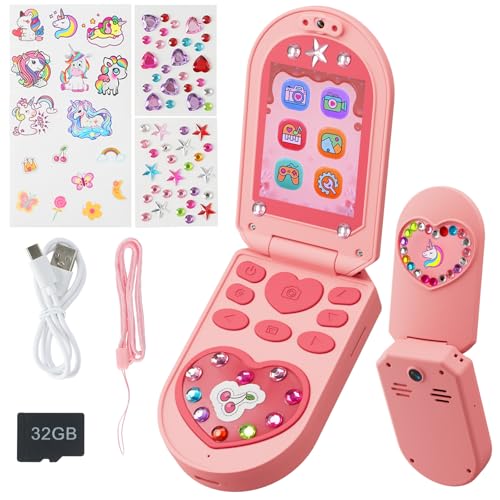 Téléphone Portable Enfant, Appareil Photo Enfant avec Double Caméra, Vidéo, Musique, 5 Jeux Éducatifs, Cadeau Jouet pour Filles et Garçons de 3 à 7 Ans Inclus Carte SD 32G, Comprend 3 Autocollants