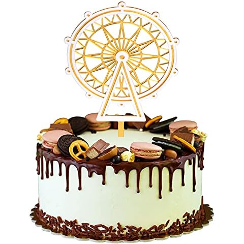 LINGAIXINYUE Double Layer White and Gold Ferris Wheel Acrylic Cake Topper Photo Booth Props Birthday Party Decoration Celebrations for Boys and Girls Cover
