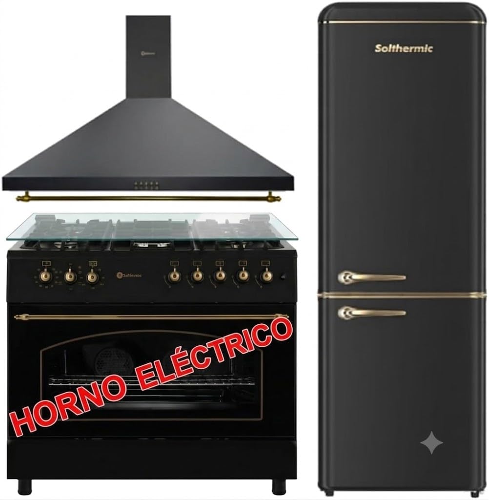 SOLTHERMIC 3 EN 1 COCINA DE GAS F9L50E5R HORNO PANORAMICO ELECTRICO (115) + CAMPANA H90PR DECORATIVA 90 CM + FCR188N 1,88 CM alto x 55 de ancho y hasta 270L
