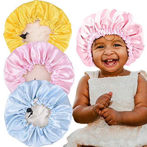 Image of 3 Pieces Kids Satin Bonnet Adjustable Sleep Caps Soft Silk Night Sleeping Hats for Teens Toddler Children Reversible Double