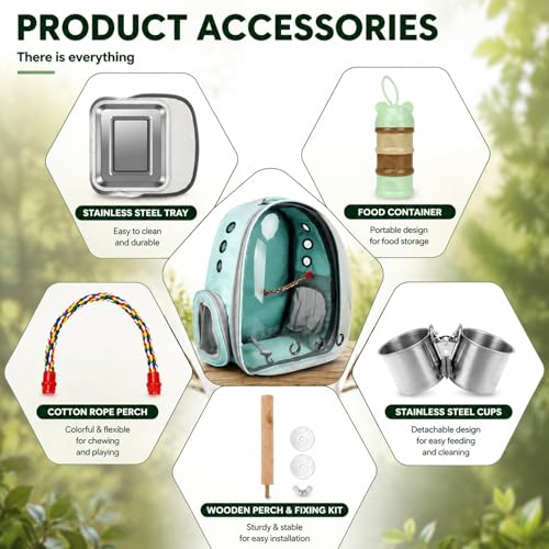 Rypet Bird Carrier Backpack Parrot Portable Breathable Bag Pet Bird Lightweight Travel Cage with Standing Perch and Stainless Steel Tray(Mint Green) - Image 5