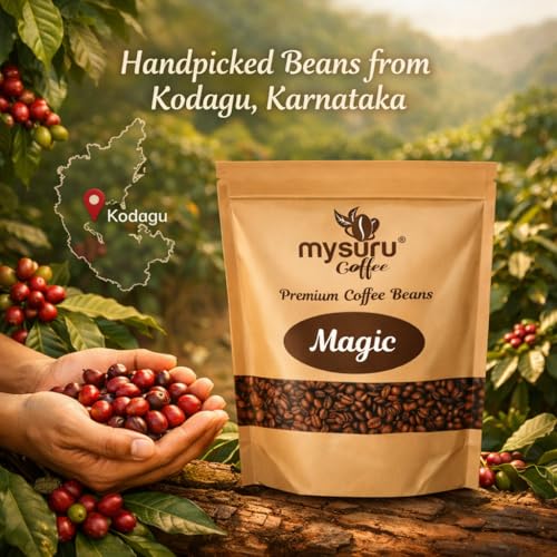 Image of Mysuru Coffee Premium Whole Roasted Beans [250g - MAGIC] Pure Arabica - 40% | Robusta - 60% Cafe Blend Medium Roast Fresh Single Origin Coffee