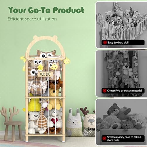 Movable Natural Wood Stuffed Animal Zoo Storage, Patterned Stuffed Animal Storage with Zoo Theme, Elastic Band-Equipped Stuffed Animal Holder, for Nursery/Play Room/Bedroom - Image 3