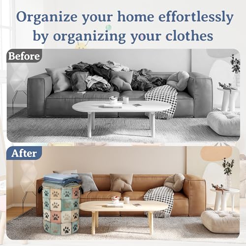 Image of Cute Paw Print Laundry Basket,Foldable Oxford Cloth Vintage Laundry Hamper With Handle, 20.8 inchx16 inch Portable Clothes Storage Basket Bag for Laundry Room /Bathroom /Bedroom /Dormitories