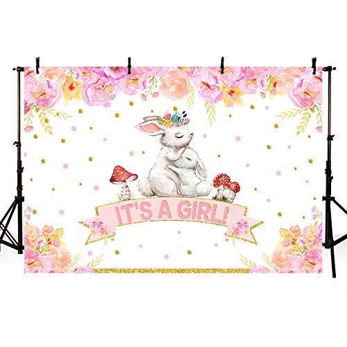 MEHOFOTO 7x5ft Bunny It's A Girl Baby Shower Party Backdrop Pink Floral Rabbit