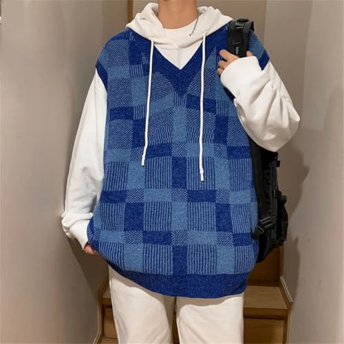 Men's Winter V-Neck Japanese Retro Plaid Knitted Fashion Loose Sleeveless Pullover Knitted Vest2