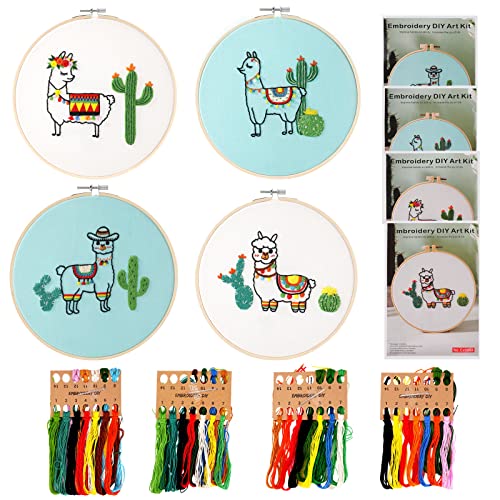 KKUYT 4 PCS Embroidery Kit for Beginners, Hand Craft Cross Stitch Kits with Alpaca Pattern, Starter Include Hoop, Instructions, Color Threads &Needles Adults Lover, (0072)