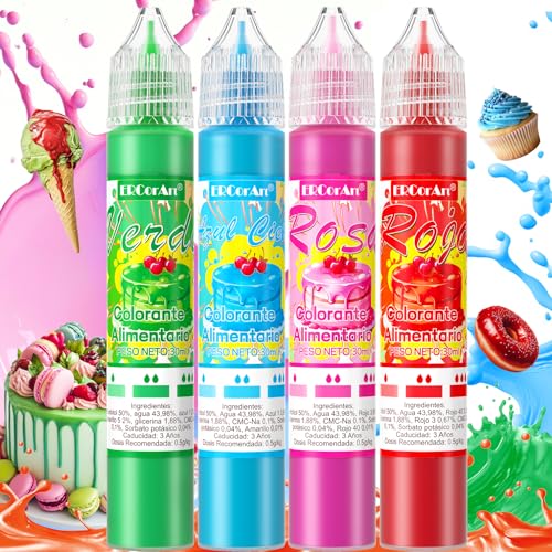 Colorante Alimentario - 4 Colores Colorante Alimentario Reposteria de Alta Concentración, Colorante Alimentario Líquido Set para Fondant Blanco, Harina, Natilla - 30 ml (Rojo, Verde, Rosa, Azul Cielo)