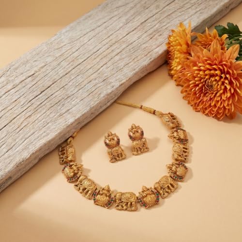 Image of Gold-Plated Antique Temple Jewellery Set for Women - Traditional Necklace with Large Peacock Pendant & Matching Jhumka Earrings | Ethnic Festive & Bridal Wear Set with Ruby & Emerald Accents