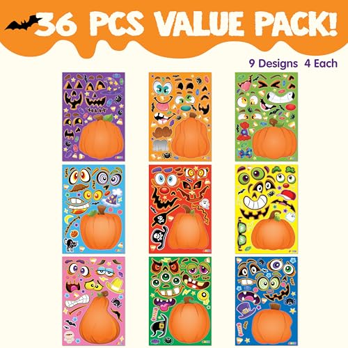 Image of JOYIN 36 PCS Halloween Pumpkin Stickers, Party Favor for Kids, Art Crafts Party Supplies, Pumpkin Decorating Face Sticker Sheets with 9 Designs, Halloween Goodies Classroom Activities Games