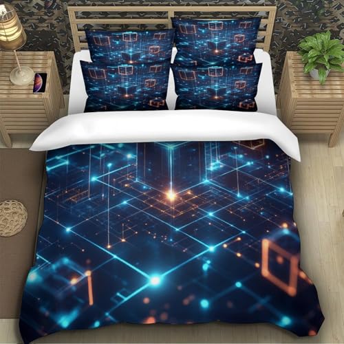 Housse de couette grille technologique impression 3D effet visuel futuriste 220x240cm - 5