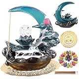 XINGZUAN Moon Backflow Incense Burner,Ceramic Incense Cone Holder, Incense Waterfall Fountain,Backflow Incense Holder with 60 Backflow Incense Cones and 40 Incense Sticks
