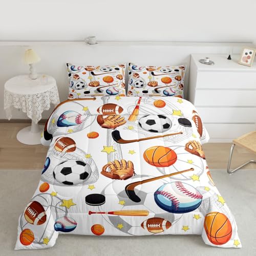 Image of Feelyou Soccer Basketball Comforter Set King Size Football Baseball Hockey Bedding Set for Kids Boys Girls Gaming Sports Duvet Quilt Bedroom Decor Microfiber 3 Pcs with 2 Pillow Cases