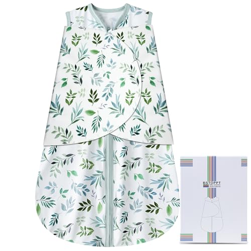 Image of BSTOPPT Newborn Sleep Sack Baby Swaddle,Swaddle me 3-6 Month,3-Way Adjustable Wearable Blanket,100% Rayon Cotton Swaddling Sleeping Bag，TOG 0.5 (Leaf, 3-6 Months)